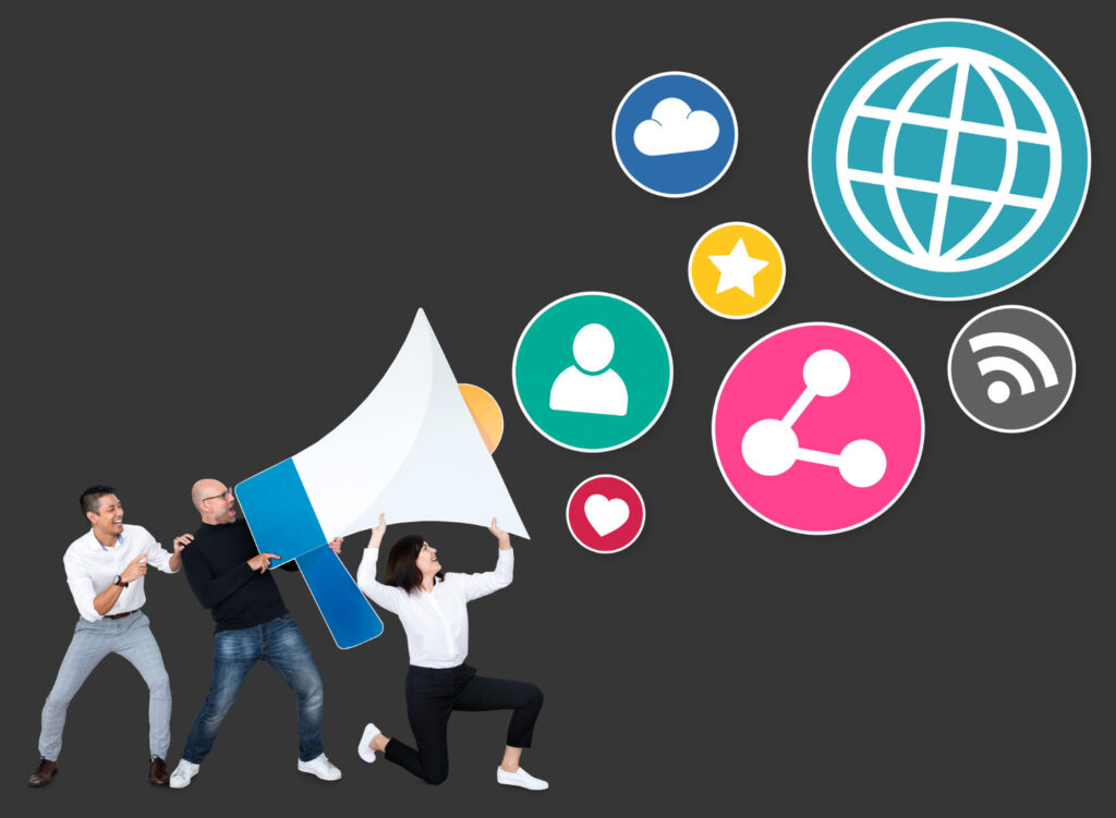 People with megaphone producing social media marketing icons
