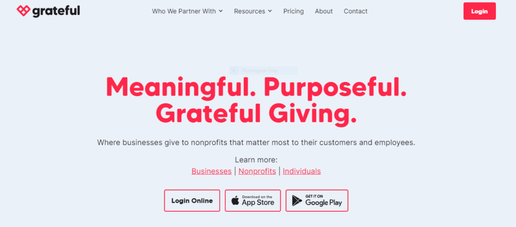 Screenshot of Home page of Grateful website