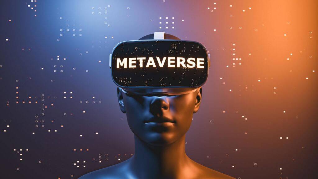 Robot with virtual reality glasses that says metaverse