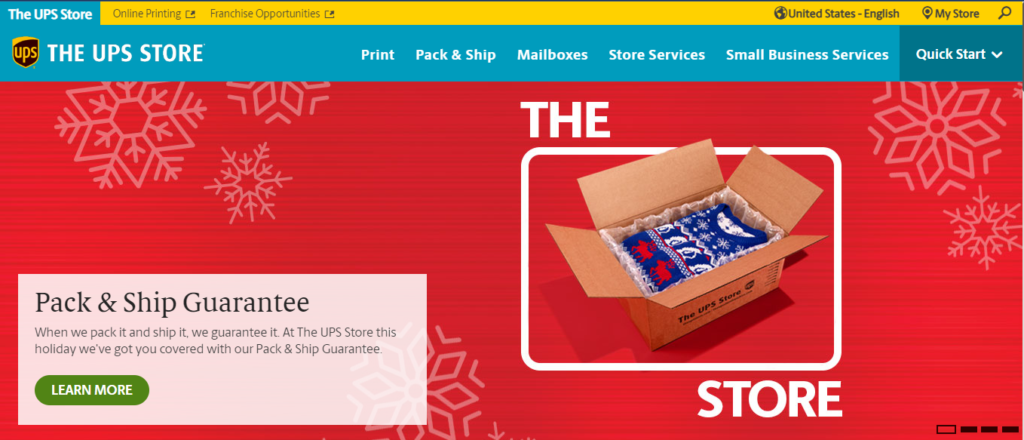 Screenshot of The UPS Store website homepage